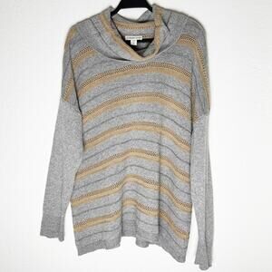 Coldwater Creek Women's Cowl Neck Sweater Wool Blend Striped Gray Gold Metallic
